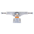 The T Funk Polished Silver Standard INDY 159 Stage 11 Trucks Set of TWO features orange bushings, an engraved baseplate, and a decorative engraved hanger in durable aluminum, shown from the front.