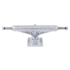 A set of two T Funk Polished Silver Standard INDY 159 Stage 11 skateboard trucks, made from durable aluminum with detailed engraving on the hanger, shown from the front to highlight the axle and baseplate.