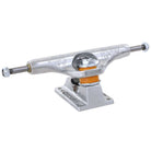 The image shows a set of two T Funk Polished Silver Standard INDY 159 Stage 11 Trucks with orange bushings, made of durable aluminum for skateboard wheel mounting, viewed from an angle on a white background.