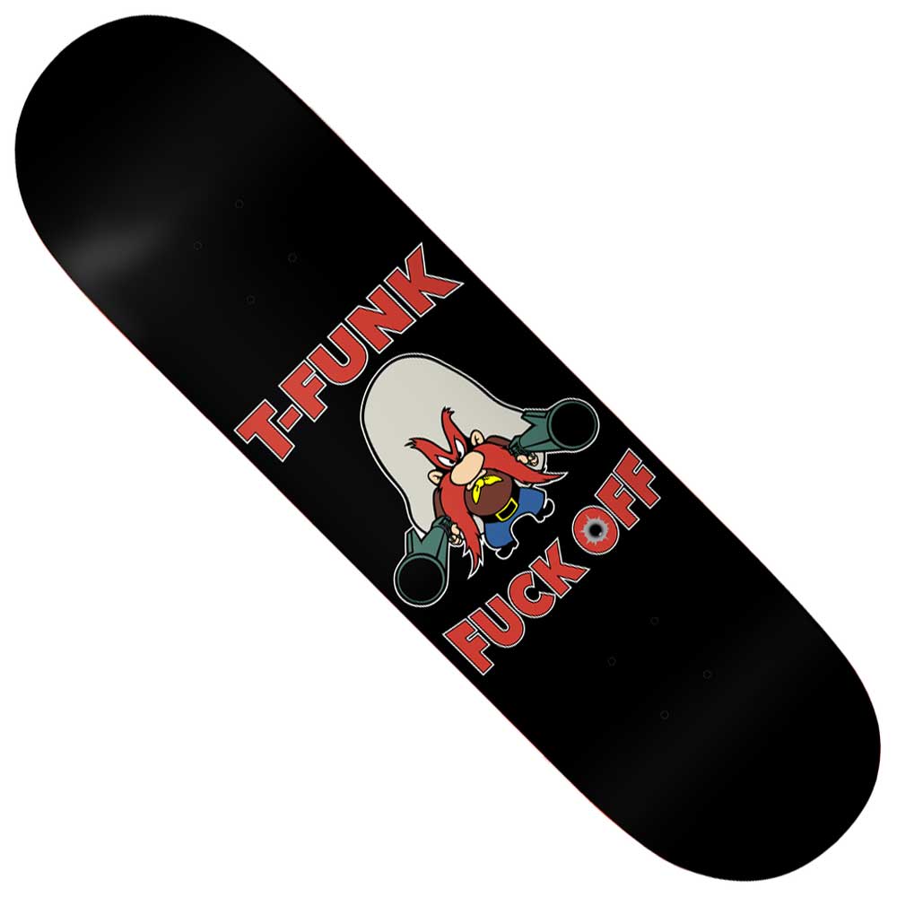 The T-Funk Yosemite 8.75 Baker Skateboards Deck showcases a black skateboard deck with an angry cartoon rooster wielding two smoking guns. Bold, red text reads “T-FUNK” above and “FUCK OFF” below the rooster, making this striking design from Baker Skateboards perfect for riders who want to stand out with attitude.