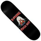 The T-Funk Yosemite 8.75 Baker Skateboards Deck showcases a black skateboard deck with an angry cartoon rooster wielding two smoking guns. Bold, red text reads “T-FUNK” above and “FUCK OFF” below the rooster, making this striking design from Baker Skateboards perfect for riders who want to stand out with attitude.