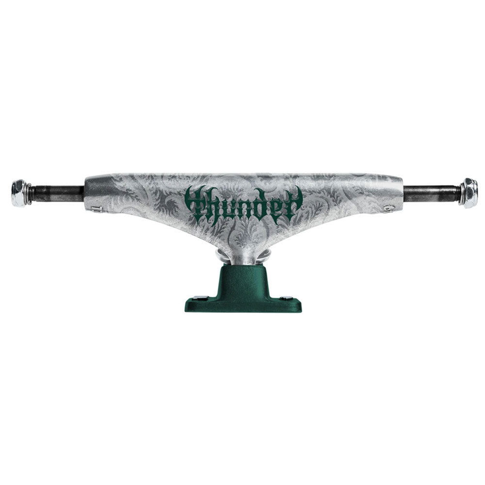 T-II Catalyst Regen Thunder 148 Trucks featuring a silver hanger with a patterned design and green logo, paired with a dark green baseplate.