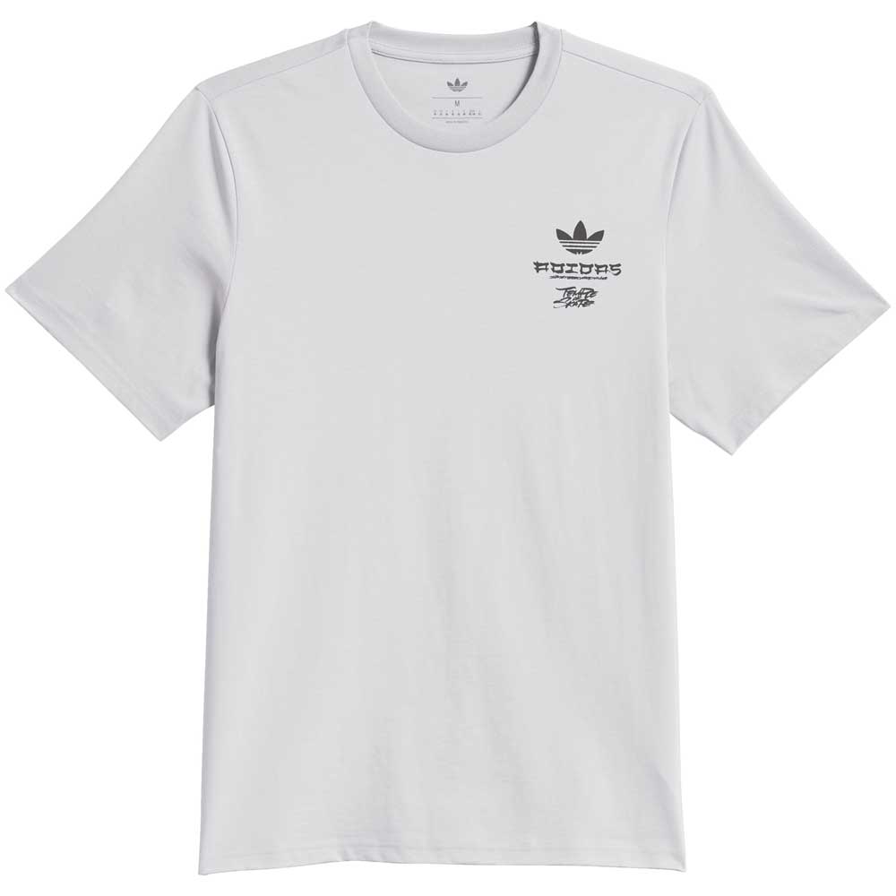 Introducing the TOS Crane Tee Gray KY7718 from Adidas Skateboarding—a short-sleeve gray t-shirt featuring a small black Adidas logo and text on the left chest. This skateboarding tee is part of the exclusive adidas collaboration with Temple of Skate.
