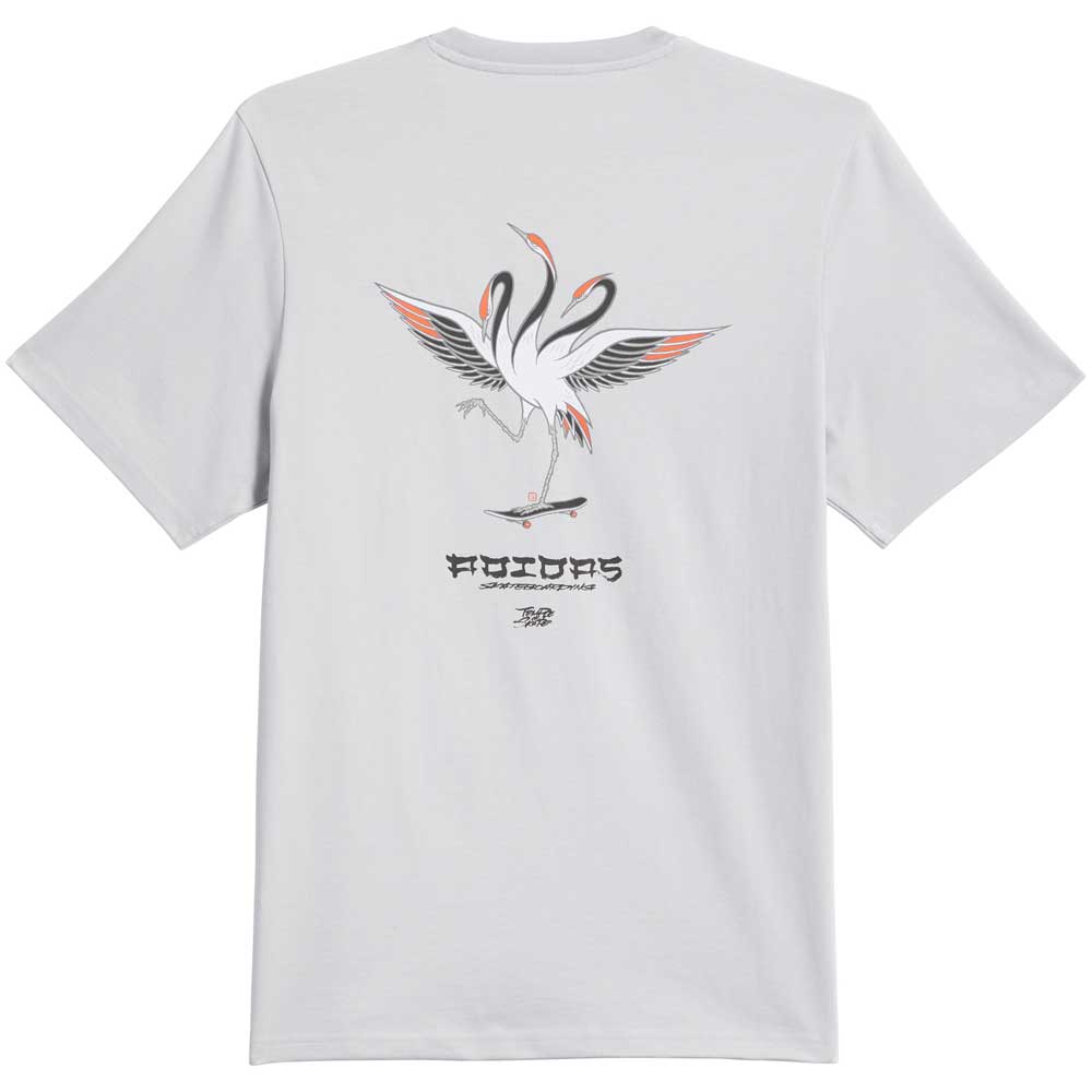 Back of the TOS Crane Tee Gray (KY7718) from Adidas Skateboarding, featuring a stylized crane standing on a skateboard with “ADIDAS” and additional small text printed below—a unique piece inspired by the spirit of Temple of Skate.