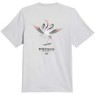 Back of the TOS Crane Tee Gray (KY7718) from Adidas Skateboarding, featuring a stylized crane standing on a skateboard with “ADIDAS” and additional small text printed below—a unique piece inspired by the spirit of Temple of Skate.