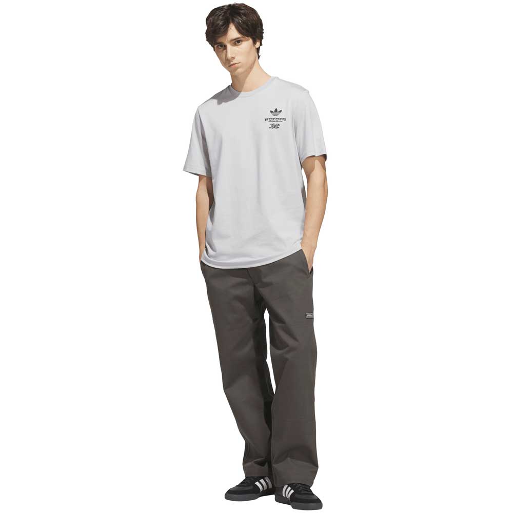 A person stands with hands in pockets, wearing the gray TOS Crane Tee KY7718 from Adidas Skateboarding, paired with loose dark gray pants and black Adidas sneakers with white stripes, against a plain white background.