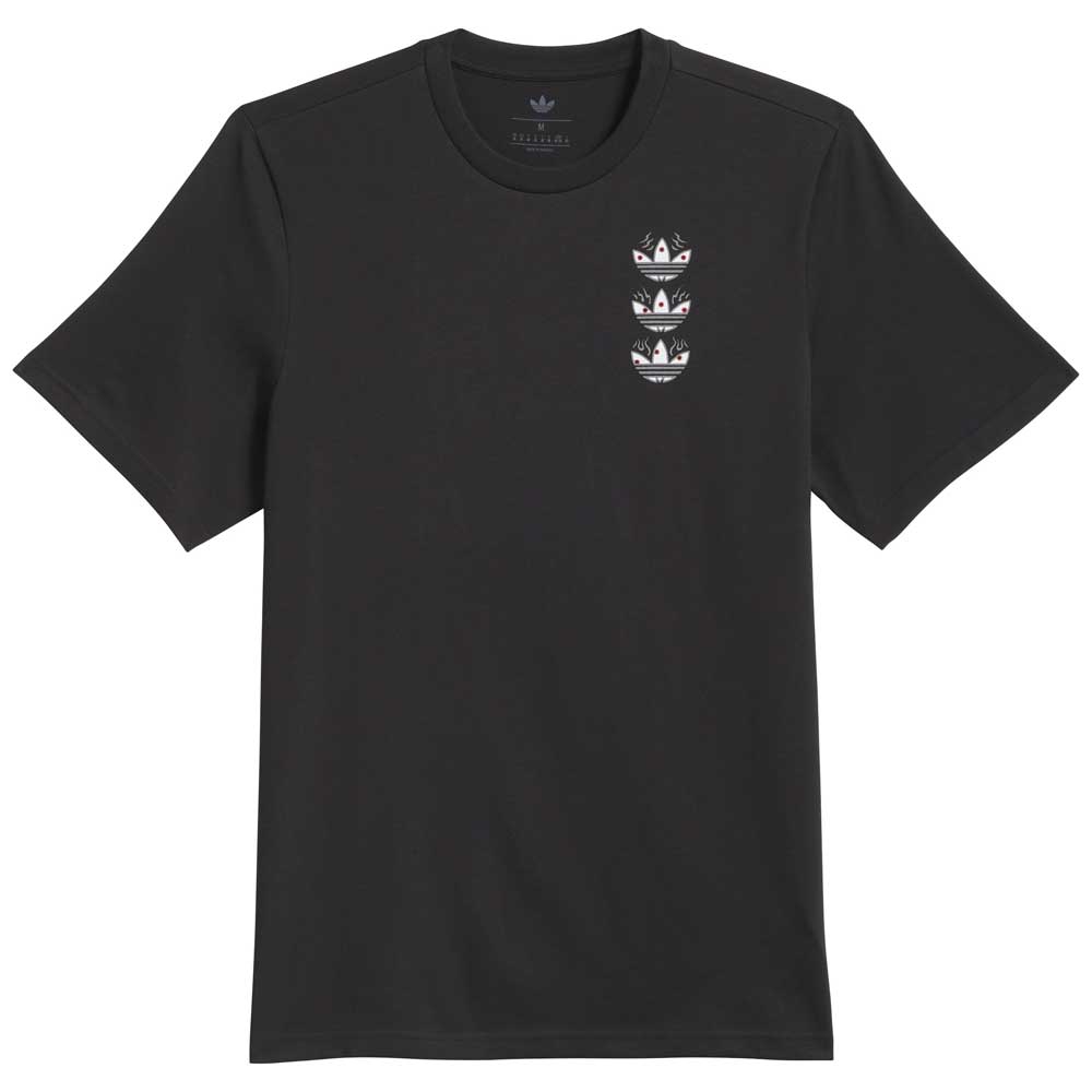 Introducing the TOS Curb Tee Black Multi (KS4338) from Adidas Skateboarding—a black short-sleeve t-shirt featuring three small adidas Originals Trefoil logos stacked vertically on the left chest, blending classic style with skate culture for versatile wear.