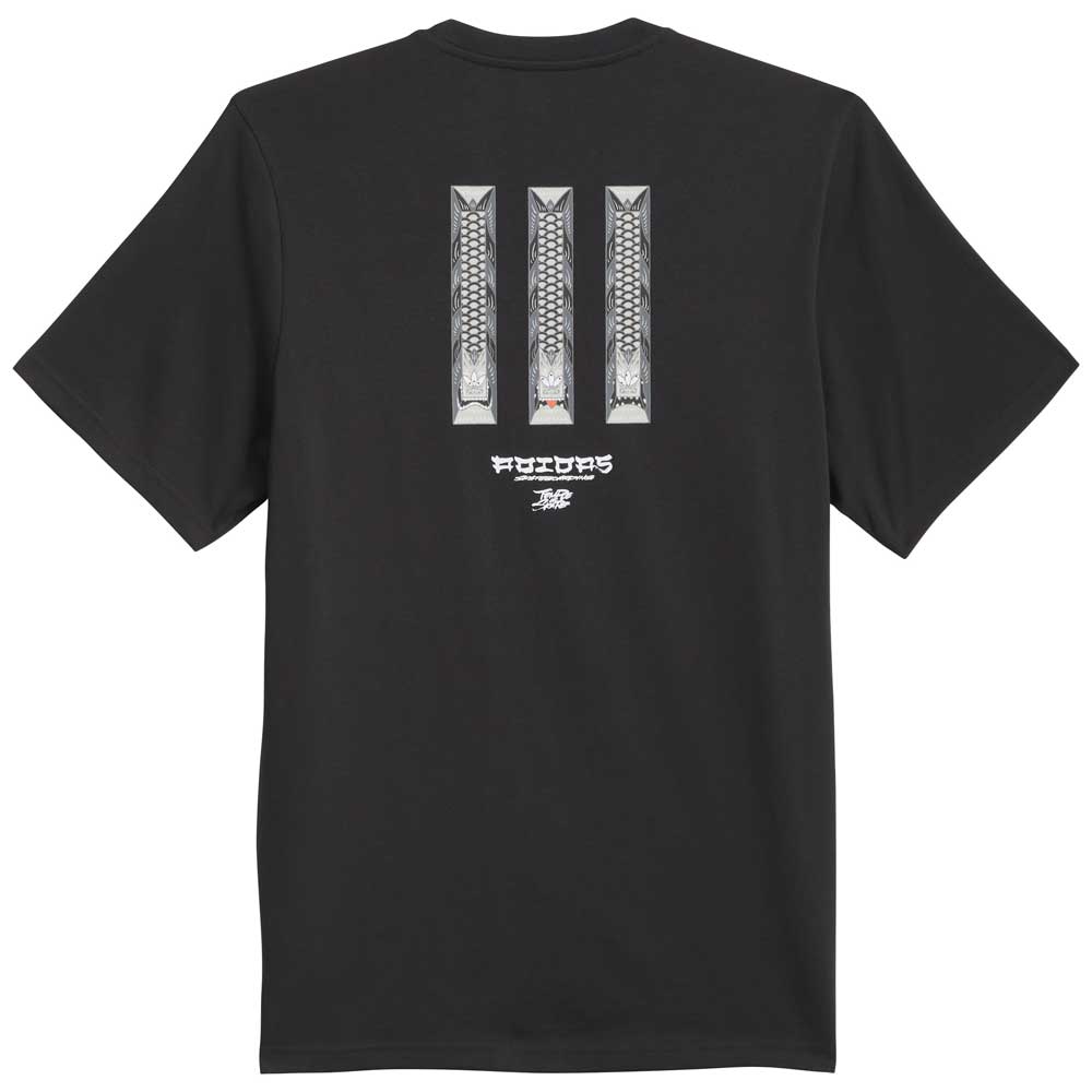 Introducing the TOS Curb Tee Black Multi KS4338 by Adidas Skateboarding—a black skateboarding t-shirt showcasing three vertical tire tread patterns on the back, highlighted with stylized white text and a small adidas Originals logo centered beneath the graphic, capturing the essence of modern skate culture.