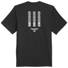 Introducing the TOS Curb Tee Black Multi KS4338 by Adidas Skateboarding—a black skateboarding t-shirt showcasing three vertical tire tread patterns on the back, highlighted with stylized white text and a small adidas Originals logo centered beneath the graphic, capturing the essence of modern skate culture.
