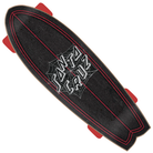 Top view of a black Tangled Web 8.81in x 27.69in Shark Cruzer Santa Cruz deck with red OJ Super Juice wheels, red trim, and a spiderweb graphic encircling the white Santa Cruz logo on the griptape.