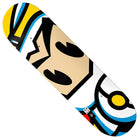 The Tate Carew Bomber XL 8.5x32 Birdhouse Deck features a bold cartoon-style face with tan skin, black eyebrows, and colorful geometric accents—ideal for skateboarding or fans of Tate Carew’s signature style.