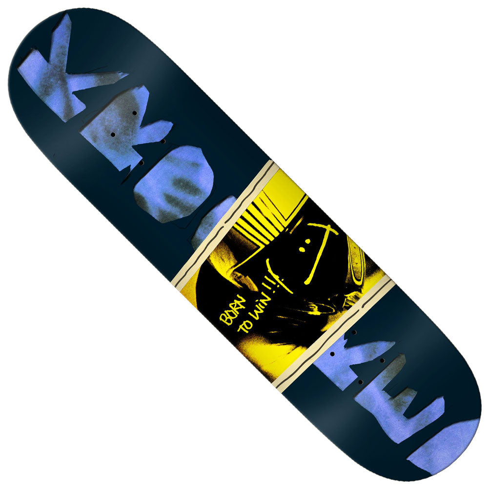 The Team BTW 8.25x32 Krooked Skateboards Deck features bold blue lettering and a yellow graphic of a masked figure, with the phrase “BORN TO WIN!!” displayed in yellow on the design.