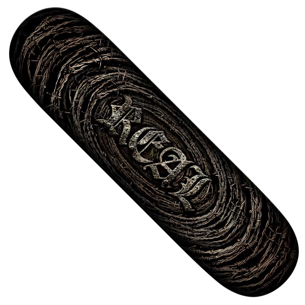 The Team Barbedwire Oval 8.5 Deck from Real Skateboards features a bold swirling barbed wire pattern and the word RECK in metallic, stylized lettering at the center, making its Barbedwire Oval design truly stand out.
