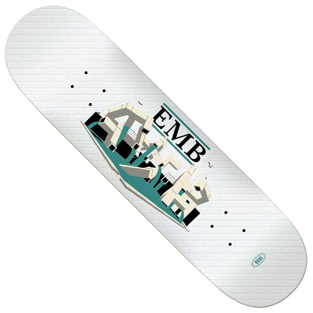 The Team EMB 8.25x31.8 White Real Skateboard Deck features a white brick wall graphic with graffiti-style buildings and "EMB" lettering above, plus scattered small black dots across the design.