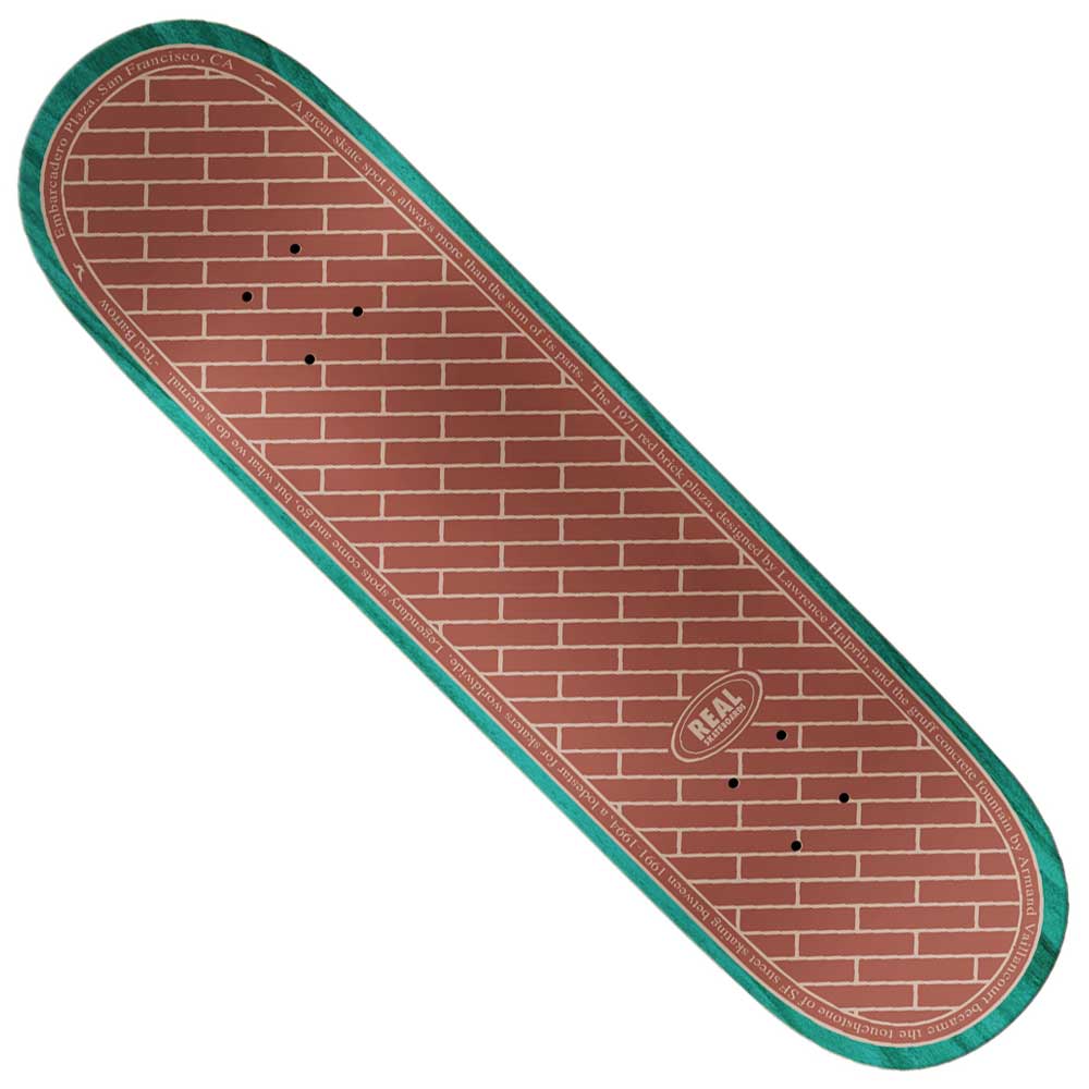 The Team EMB 8.25x31.8 White Real Skateboard Deck features bold graphics, including a red brick wall pattern with a teal green border and REAL branding, combining standout style with quality construction.