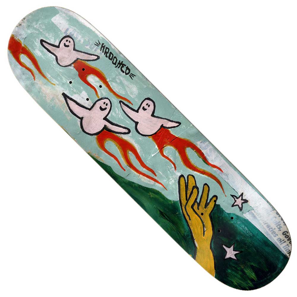 The Team Firebirds 8.12 Krooked Skateboards Deck showcases vibrant artwork of three flying ghost-like figures, a yellow hand reaching upward, flames, and stars set against a teal and green backdrop. The word "HOOKED" appears near the ghosts, evoking a dynamic Firebirds motif.