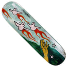 The Team Firebirds True Fit 8.5 Krooked Skateboards Deck features painted white ghost-like figures soaring above bold orange flames, with a yellow hand reaching upward, two white stars, and the word "HOOKED" displayed above the ghosts—a Firebirds-inspired graphic designed for a perfect ride.