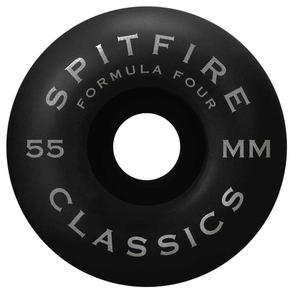 A Team Floral Black 54mm99A Formula Four Spitfire Wheels Classic with white branding text around the center hole. Premium Spitfire quality and durability.