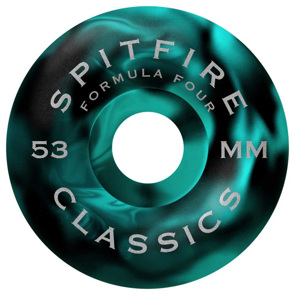 A Team Floral Swirl 53mm 99A Formula Four Classic skateboard wheel from Spitfire Wheels, featuring a teal and black marbled design with silver "SPITFIRE FORMULA FOUR 53MM CLASSICS" text.
