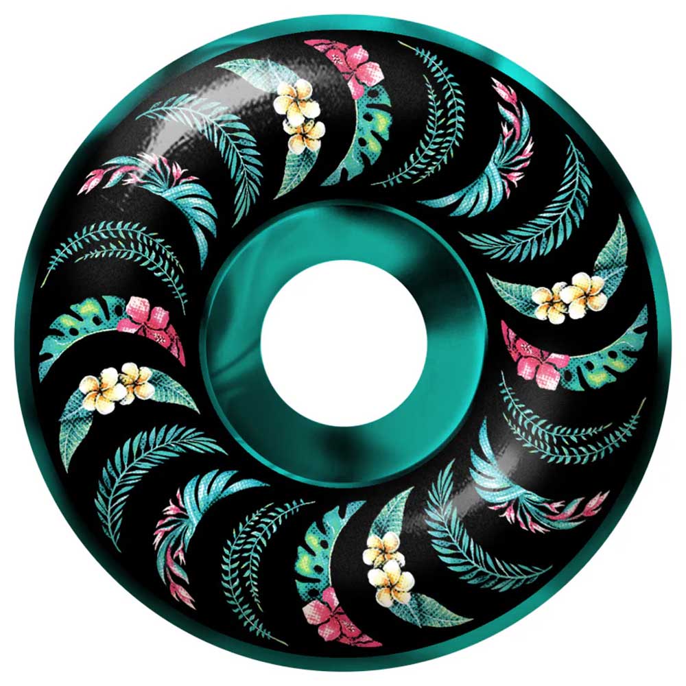 The Team Floral Swirl 53mm 99A Formula Four Spitfire Wheels Classic features a round teal and black design with green leaves and yellow, pink, and white flowers arranged in a swirl pattern.