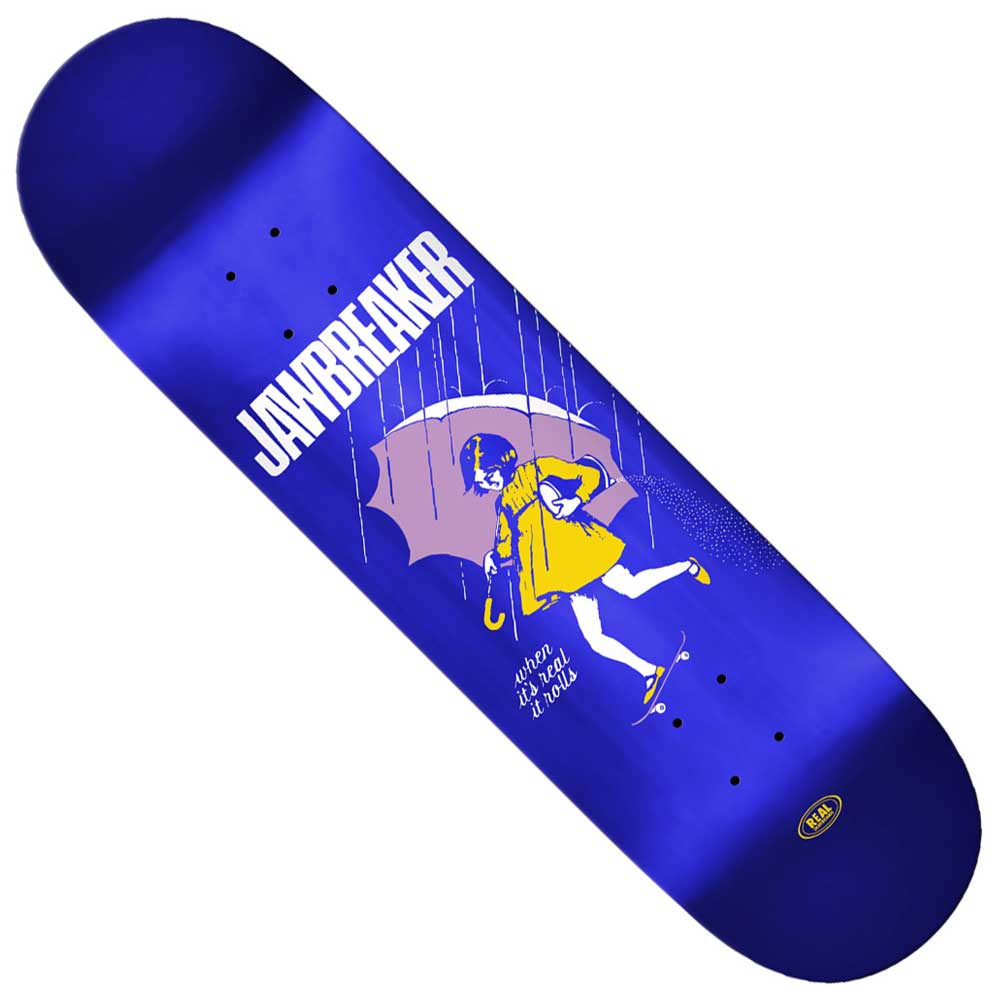 The Team Jawbreaker 8.25x32 Blue Foil Real Skateboard Deck features a yellow illustration of a girl holding an umbrella in the rain, with "Team Jawbreaker" boldly written above her in white.