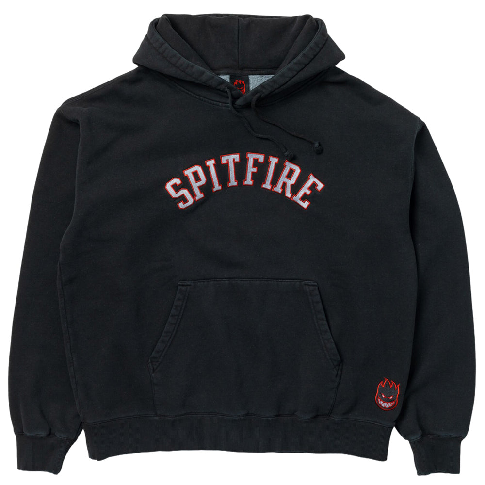 Team Lil Big Head Black Vintage Wash Pullover Hoodie Spitfire Wheels in a vintage wash black featuring a drawstring hood, a kangaroo pocket, red and white chest embroidery, and a small circular graphic near the bottom hem.