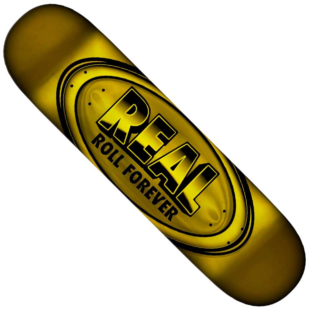 The Team Oval DBX 8.38x32.43 Yellow Real Skateboards Deck features a black oval logo at the center with "REAL" in bold and "ROLL FOREVER" beneath it.