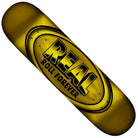 The Team Oval DBX 8.38x32.43 Yellow Real Skateboards Deck features a black oval logo at the center with "REAL" in bold and "ROLL FOREVER" beneath it.