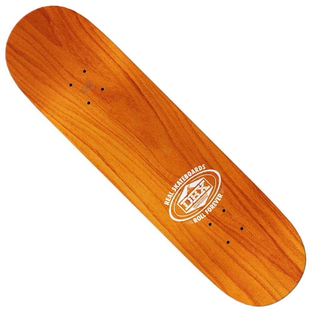 The Team Oval DBX 8.5x32.62 Green Real Skateboards Deck features a natural wood grain, a white REAL SKATEBOARDS Team Oval logo and text near one end, and comes as a deck only with no wheels or trucks attached.