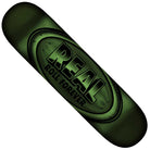 The Team Oval DBX 8.5x32.62 Green Real Skateboards Deck showcases a dark central circle and bold black "REAL ROLL FOREVER" text on a green background.