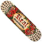 The Team Oval by Harry Lintell 8.5x32.18 Real Skateboard Deck features red roses, green leaves, and “Real skateboards” in Gothic-style lettering atop a beige gradient background with black scale-like patterns at each end.