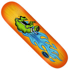 The Team Slick 8.25 Real Skateboards Deck features an orange and yellow design with a green cartoon alligator in sneakers riding blue flames, and the Real Skateboards logo near the bottom.