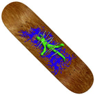 The Team Spikes 8.25 There Skateboards Deck showcases striking artwork of a green figure pinned to the wooden board by silver spikes, with blue paint splatters accentuating its bold design—a standout addition to the Team Spikes collection.