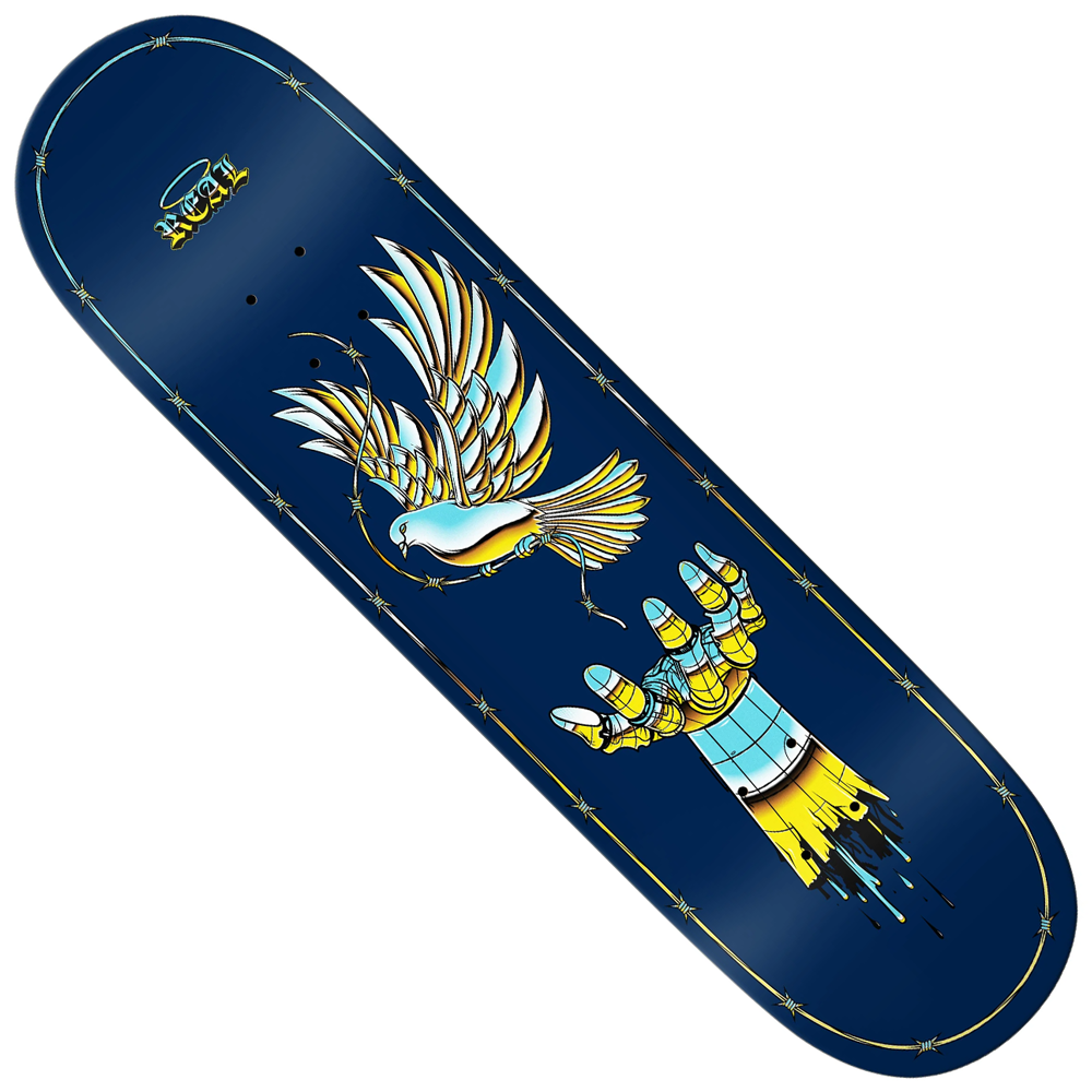 The Team Synthetic Peace 8.5 Navy Blue Real Skateboard Deck showcases a robotic hand reaching for a white and gold bird in flight, all framed by barbed wire—a bold and striking design from Team Synthetic.