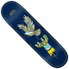 The Team Synthetic Peace 8.5 Navy Blue Real Skateboard Deck showcases a robotic hand reaching for a white and gold bird in flight, all framed by barbed wire—a bold and striking design from Team Synthetic.