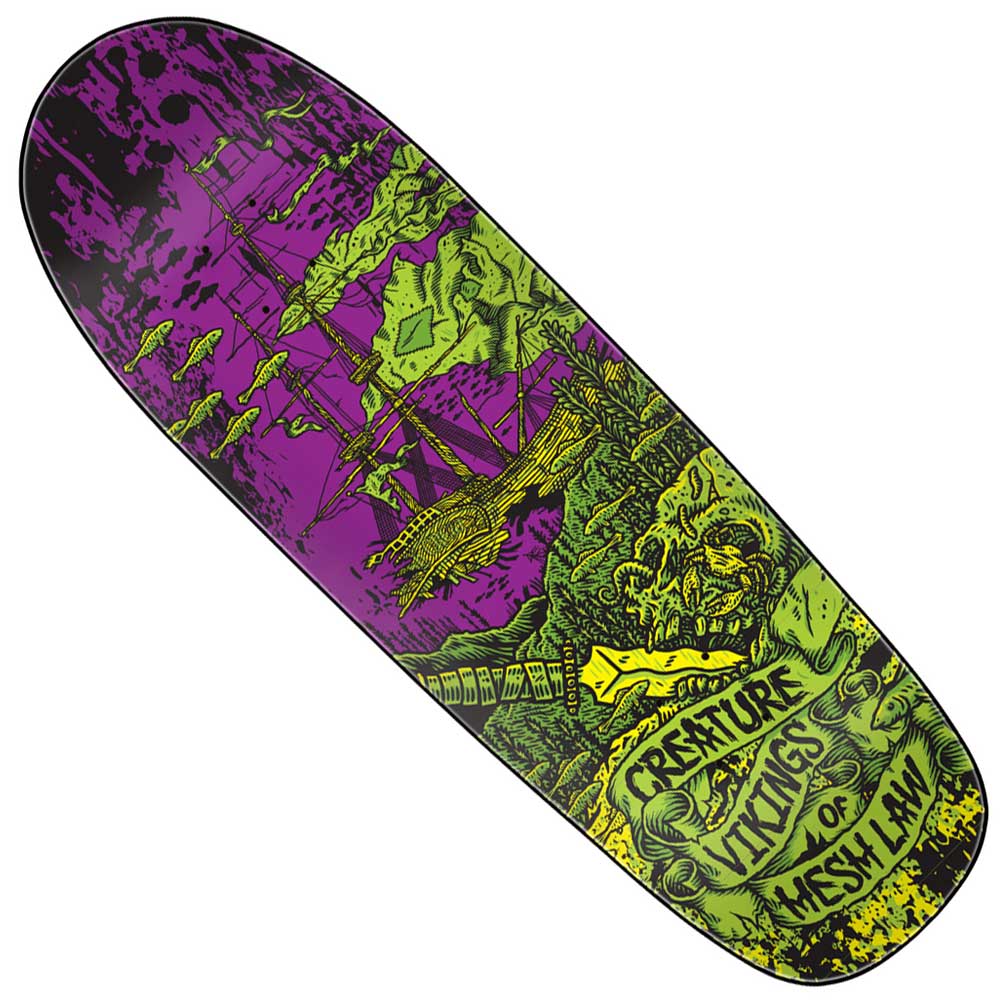 The Team Viking of Hesh Law XX 9.55in x 30.46in Creature Skateboard Shaped Deck features vivid purple and green haunted pirate ship art with bats, a skull, cliffs, and "CREATURE VILLAINY OF MESSY LANE" text. Made from 7 ply North American Maple.