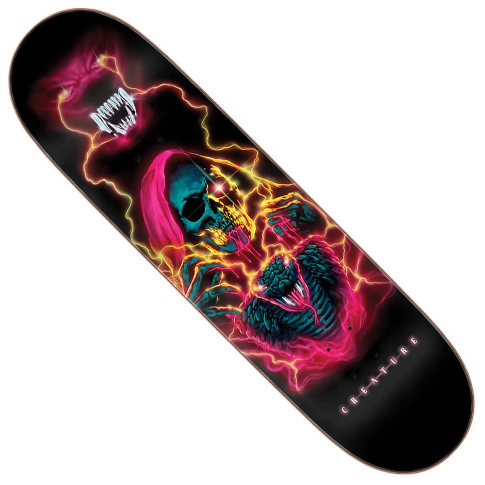 The Terror Sight 8.53in x 32.19in Creature Skateboard Deck features vivid skeleton artwork with neon pink, teal, and electric yellow lightning, plus a menacing creature’s face above.
