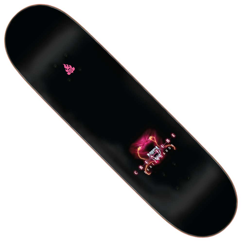 The Terror Sight 8.53in x 32.19in Creature Skateboard Deck features a black base, small pink flame near the top, and a neon pink and purple graphic with text at the center for a minimal, modern look.