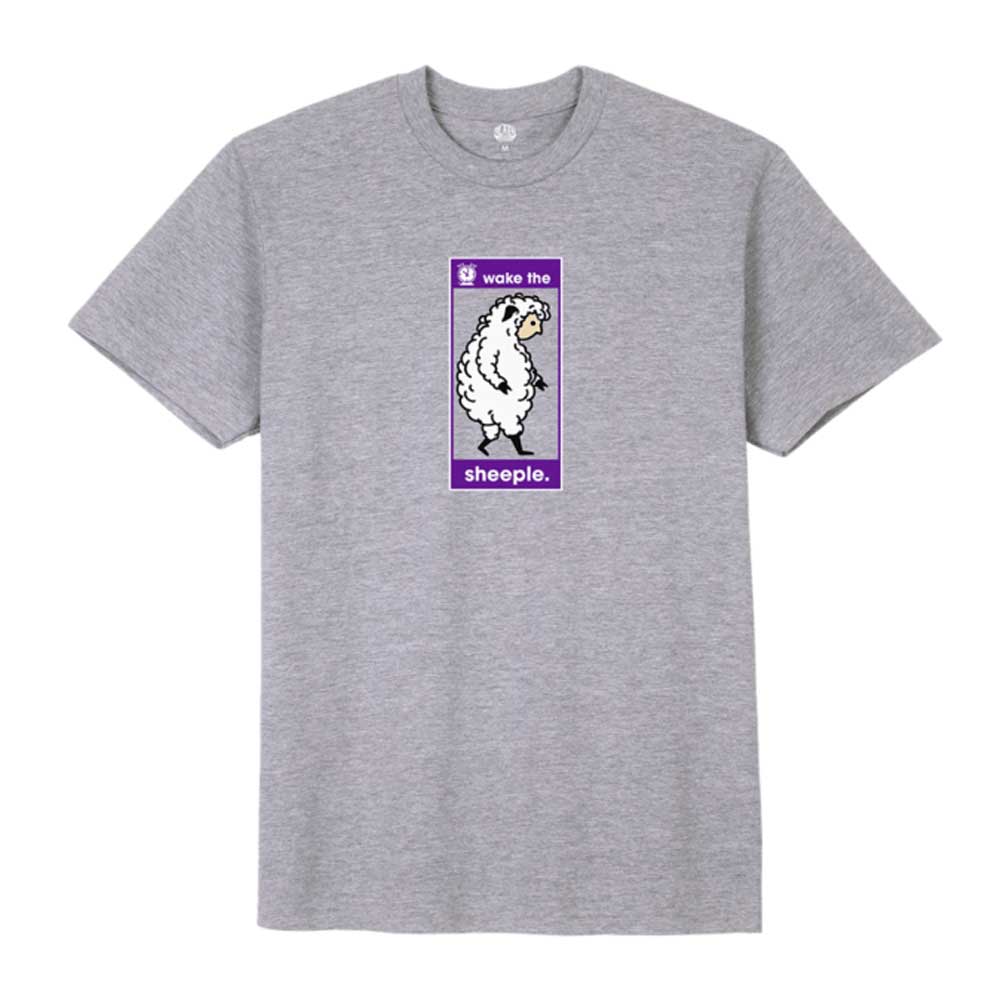 The Sheeple Heather Gray Tee from Alien Workshop features an illustrated sheep and the phrase “wake the sheeple,” screenprinted on a purple rectangle centered on a soft heather gray shirt. Crafted from 100% cotton with a rib-knit collar for all-day comfort.