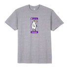 The Sheeple Heather Gray Tee from Alien Workshop features an illustrated sheep and the phrase “wake the sheeple,” screenprinted on a purple rectangle centered on a soft heather gray shirt. Crafted from 100% cotton with a rib-knit collar for all-day comfort.
