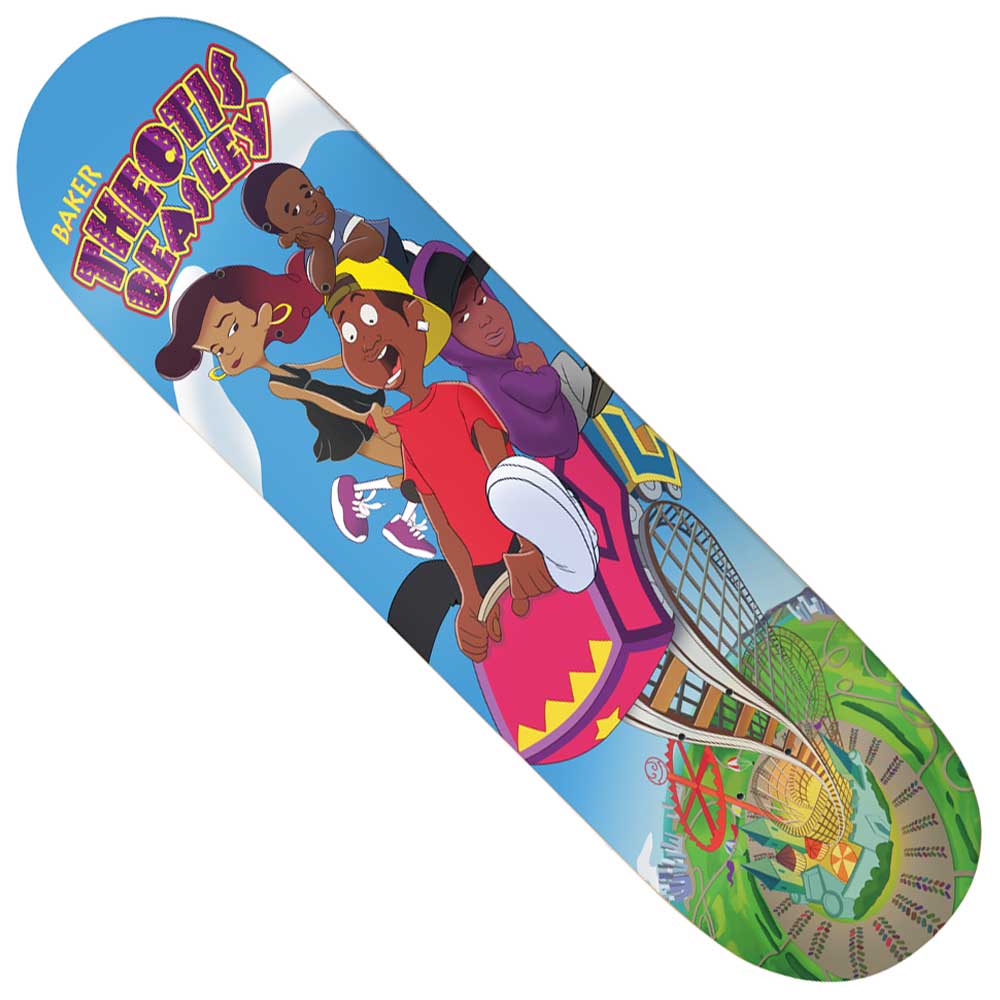 The Theotis Beasley Roller Coaster 8.25 Baker Skateboards Deck showcases cartoon characters riding a roller coaster, vibrant “THEOTIS BEASLEY” text at the top, and a lively amusement park backdrop.