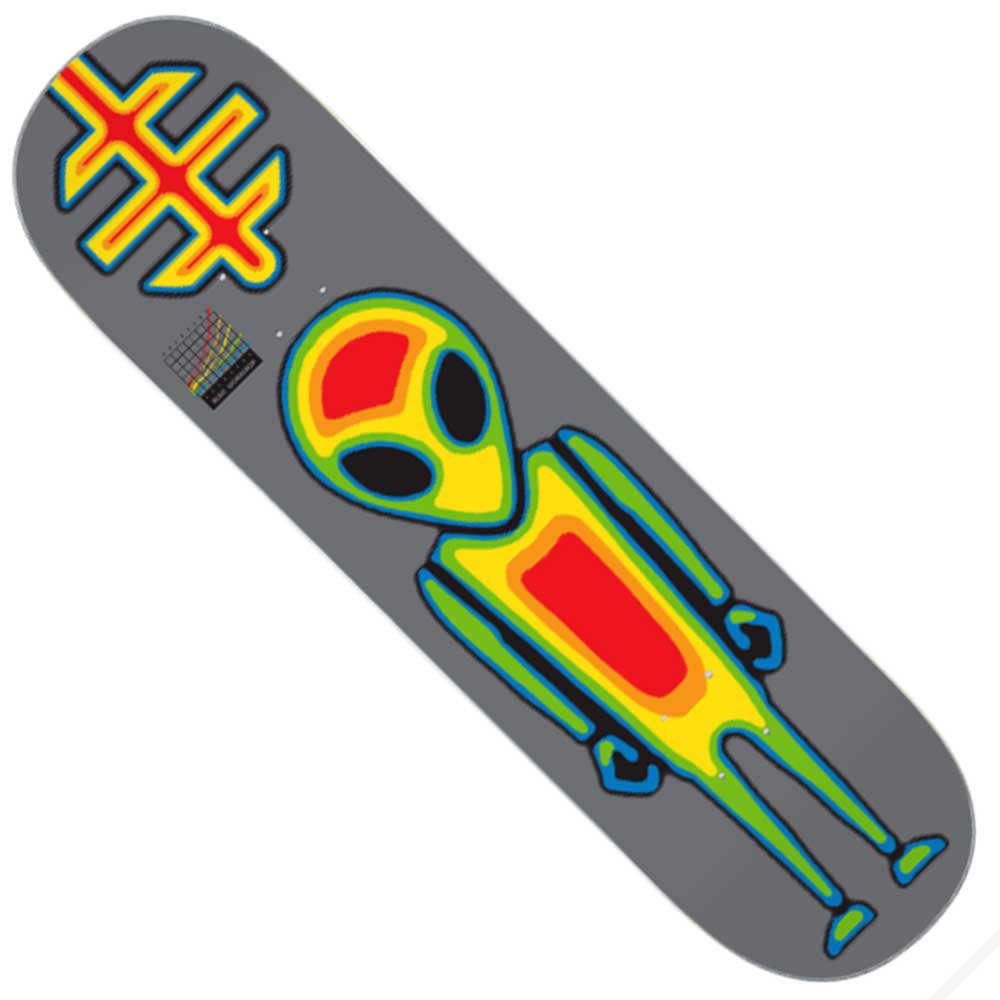 The Thermal Soldier 8.62 Alien Workshop Skateboard Deck showcases a vibrant heatmap-style alien graphic paired with bold red and yellow geometric symbols, all set against a stylish gray backdrop.