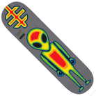 The Thermal Soldier 8.62 Alien Workshop Skateboard Deck showcases a vibrant heatmap-style alien graphic paired with bold red and yellow geometric symbols, all set against a stylish gray backdrop.