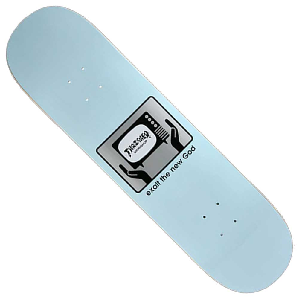 The Thrasher Exalt Deck 8.25x31.5 Alien Workshop Skateboard features a light blue design with two hands holding a TV showing "THRASHER" and the phrase "exalt the new God" below, inspired by classic Alien Workshop style graphics.