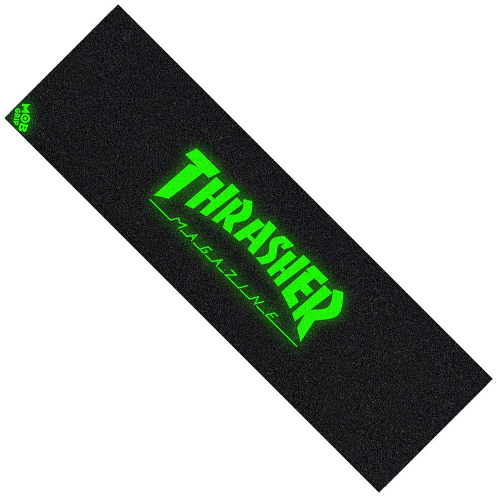 The Thrasher Glow Logo Grip Tape 10in x 33in Sheet by Graphic Mob features a bright green Thrasher logo across black griptape, plus a small green Mob Grip logo in one corner.