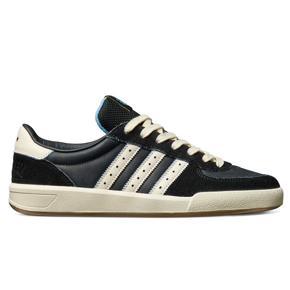 The Thrasher Magazine Glenburn Black Blue KH7384 Adidas Skateboarding Shoes feature a black leather upper, cream sole and laces, cream three-stripe detail, plus blue trim on the tongue and heel for skate-inspired style.