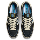 Top view of Thrasher Magazine Glenburn Black Blue KH7384 Adidas Skateboarding Shoes with black leather upper, white laces, blue and white accents, blue insoles with Adidas branding, and AFA logo on the tongue.