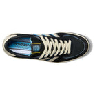 Top view of the Thrasher Magazine Glenburn Black Blue KH7384 Adidas Skateboarding Shoes: black leather upper, white laces, light blue accents, blue insole with Adidas logo and "THE BRAND WITH THE 3 STRIPES FOR SKATEBOARDING.