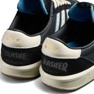 Close-up of the back of Thrasher Magazine Glenburn Black Blue KH7384 Adidas Skateboarding Shoes, showing gray THRASHER text and three yellow stars on the white leather heel tab, plus black, white, and blue adidas details.