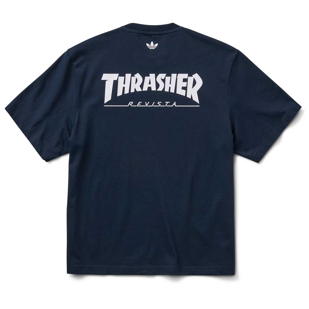 The Thrasher Magazine x Adidas AFA Tee Navy (KX4543) from Adidas Skateboarding features bold white "THRASHER REVISTA" lettering on the back and a small Adidas logo—an essential piece from the Thrasher x Adidas collection.